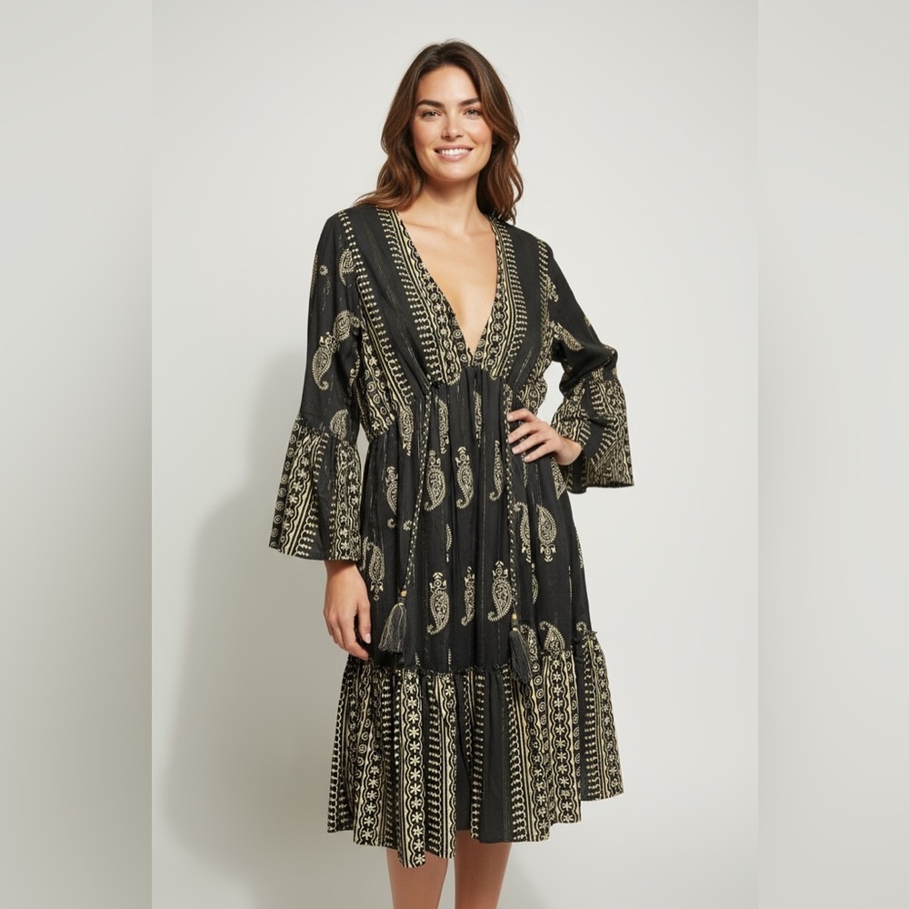Ashley Taylor Elegant Black and Gold Paisley Dress